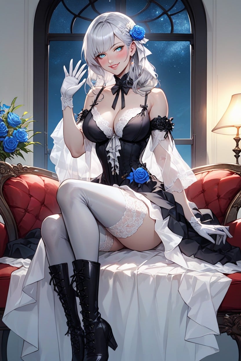 Blue Flowers In Hair, Beautiful Features, Pale Skin AI黄漫
