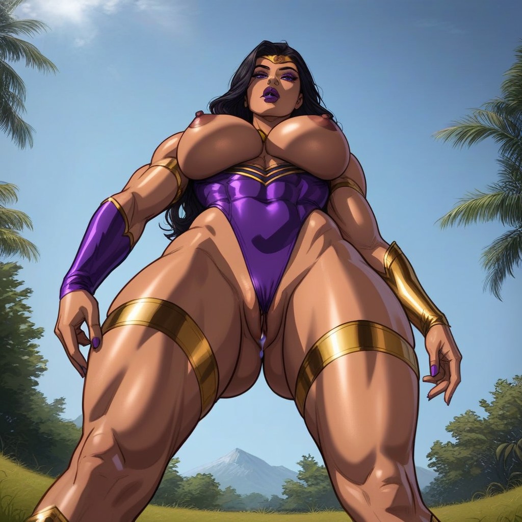 Tan Skin, Black Thigh High Metal Boots, Gold Forehead Band Hentai AI Porn
