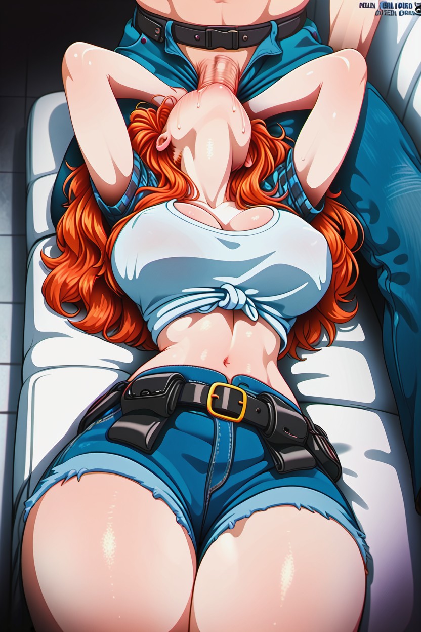 Midriff, Laying On White Sofa, Shorts Hentai AI Porn