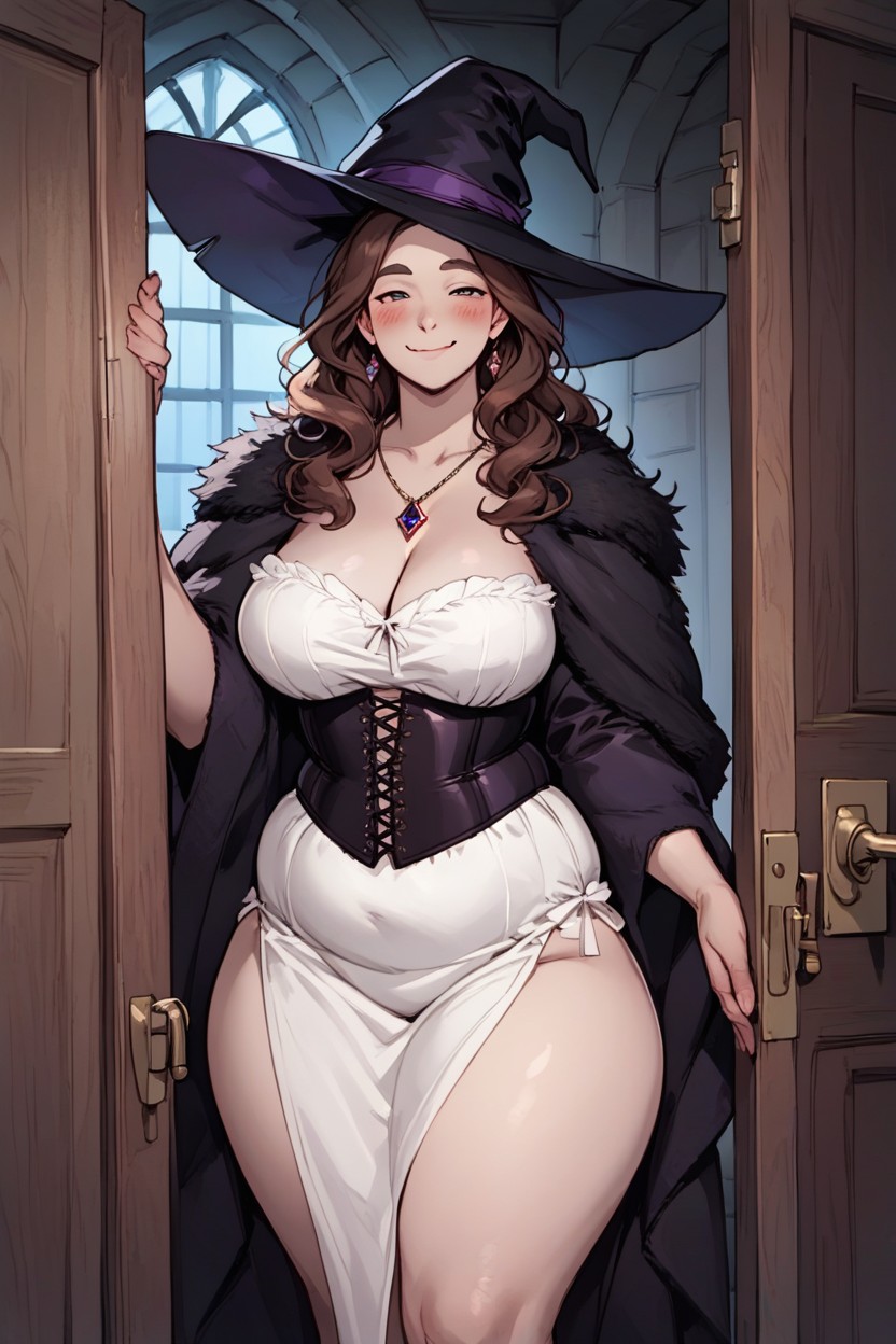 At Doorway, Wide Hips, Long Hair BBW AI Porn
