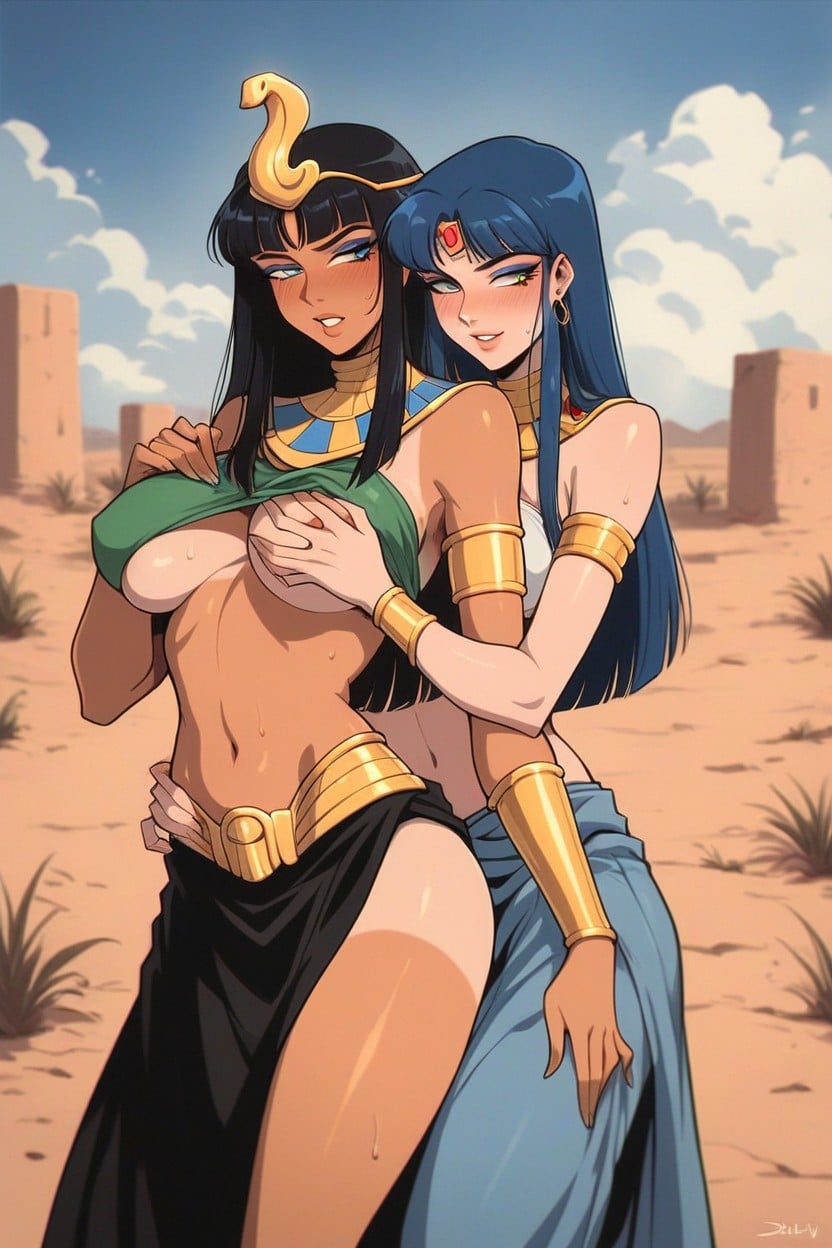 Dark Lighting, Hand Under Bra Squeezing Breasts, Egyptian Princess Aroused And Seductive Hentai AI Porn