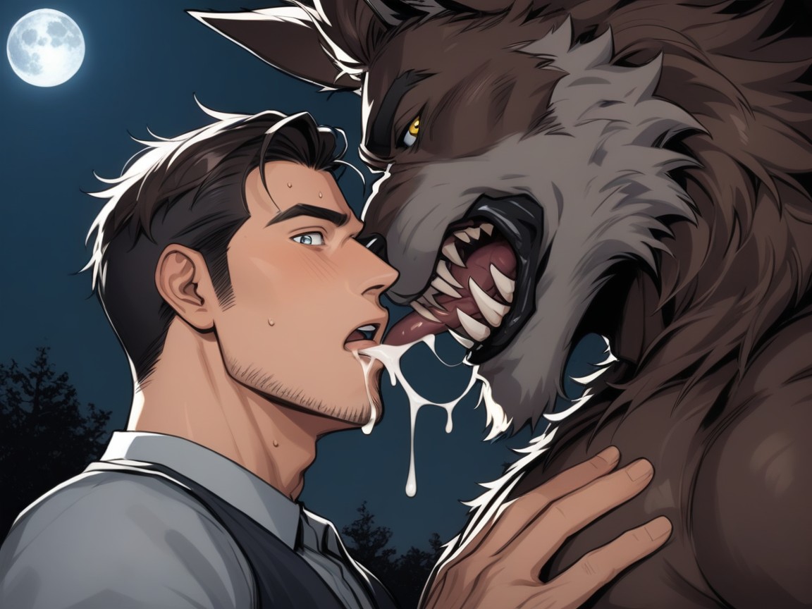 The Top Werewolf Has His Crotch Pressed Closely In Between His Lovers Spread Thighs, Top Down, Both Are Covered In Brown Fur AI Gay Porn