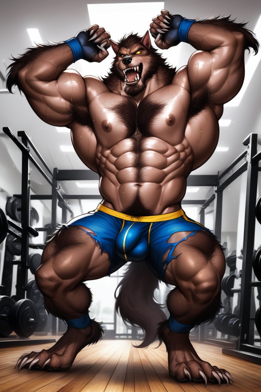 Extreme Precision Drawing, The Werewolfs Dark Blue Gym Shorts Are Ripped Open By Size Growth, Exposing His Furry Sheath And Balls AI Gay Porn