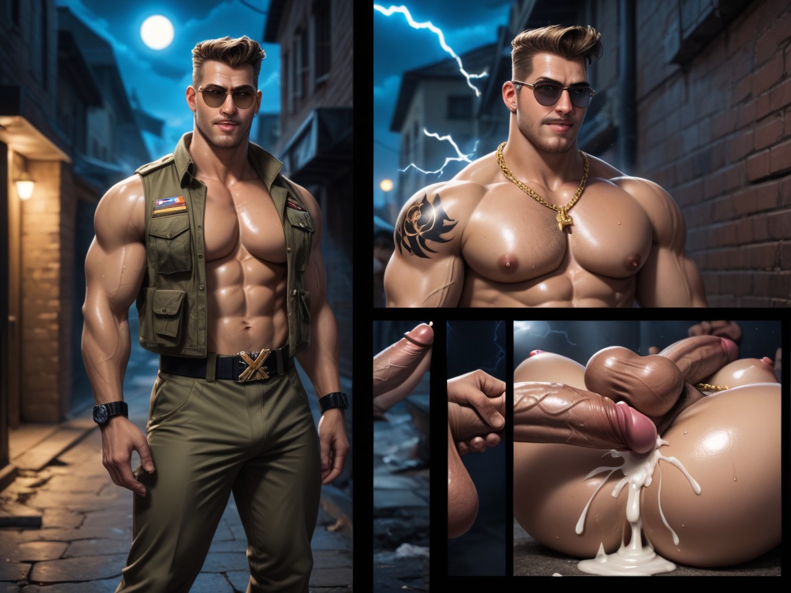 Alex From Stardew Valley As God Of Thunder, Wearing Military Gear, Lightning Tattoo On Arms AI Gay Porn