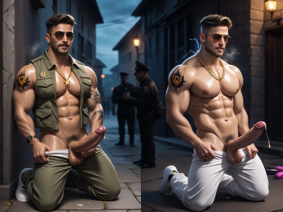 Army Tag, Gray Sweatpants Pulled Fully Down, Fat Cock AI Gay Porn