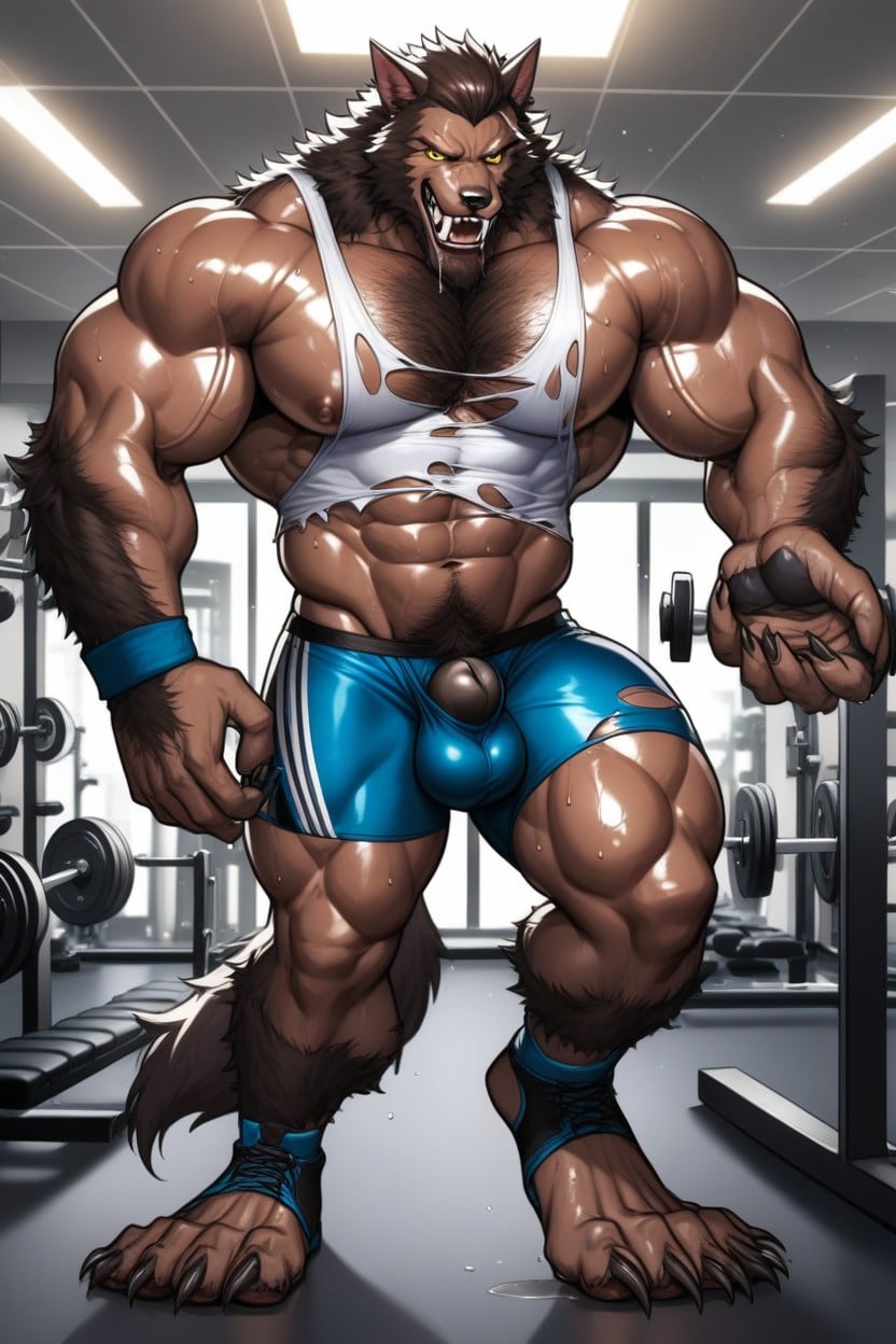 The Werewolf Has Massive Broad Shoulders, The Werewolfs Dark Blue Gym Shorts Are Ripped Open, Drooling Open Mouth AI Gay Porn