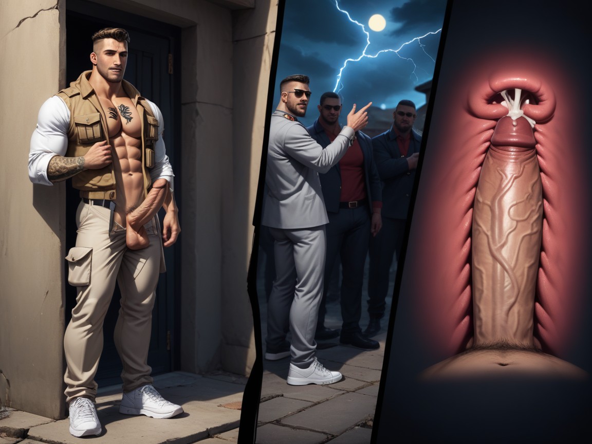 Flaming Lightning Tattoos On Face Arms And Neck, Super Sweaty, Many People Around AI Gay Porn