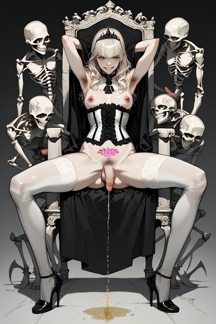 Skeleton Wearing Robe With Hoodie, Sitting On Throne, Spread Legs 헨타이 AI 포르노
