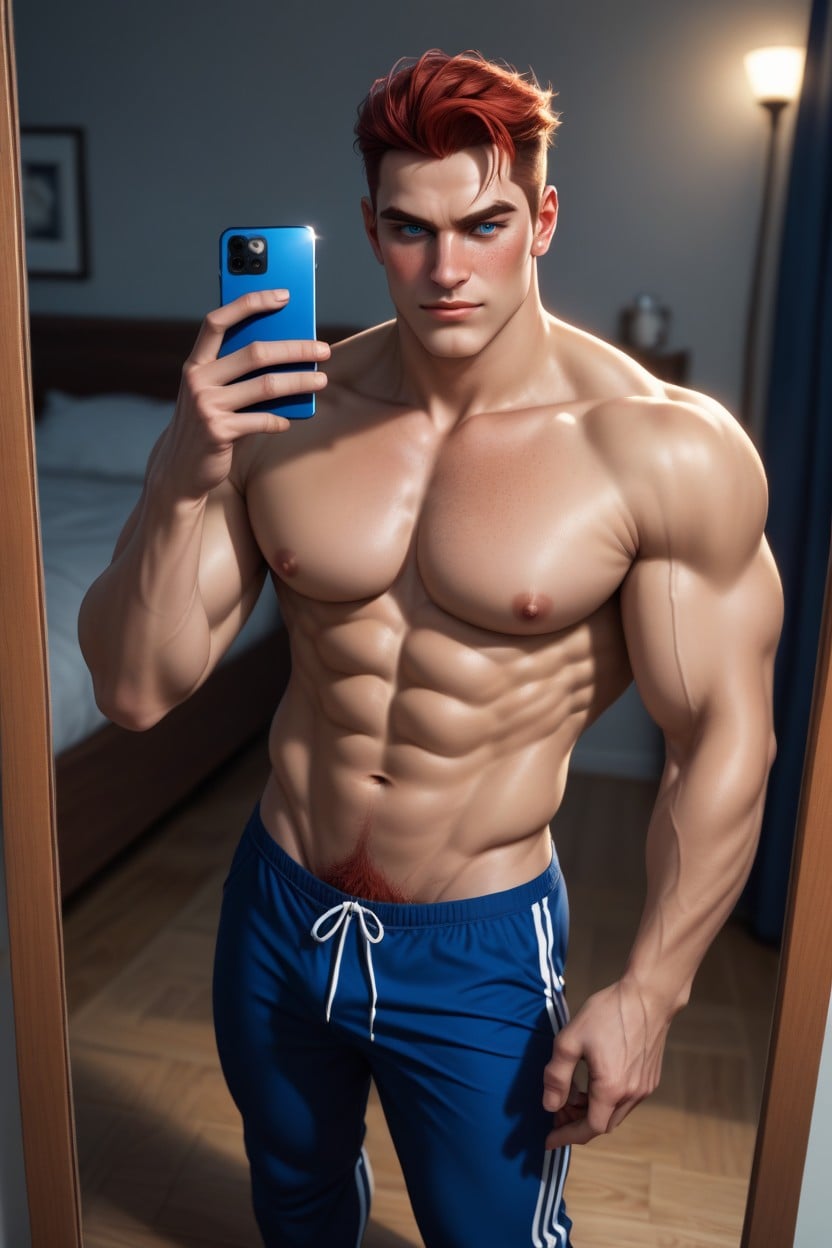 Muscular, Pants Moved To Reveal Cock, Blushing AI Gay Porn