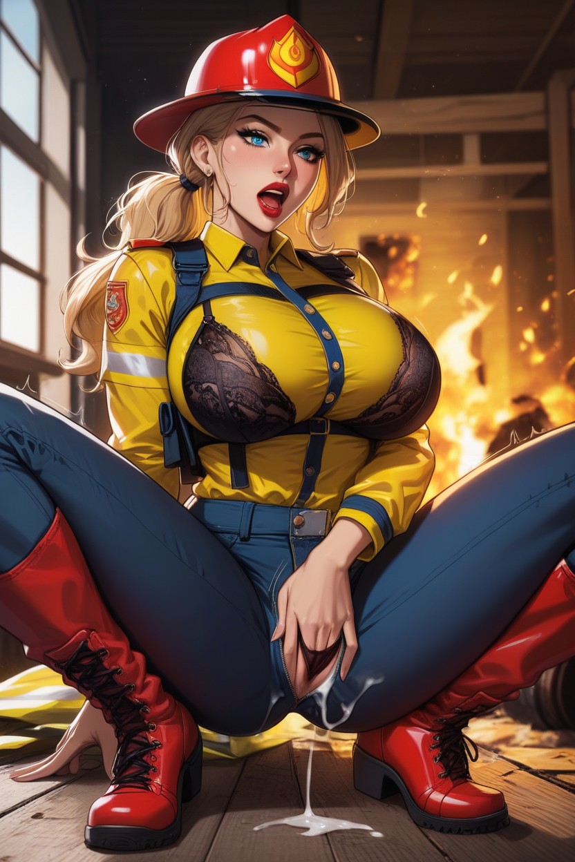 Firefighter Unbuttoned Pants, Sexy Pose, In Front AI Porn