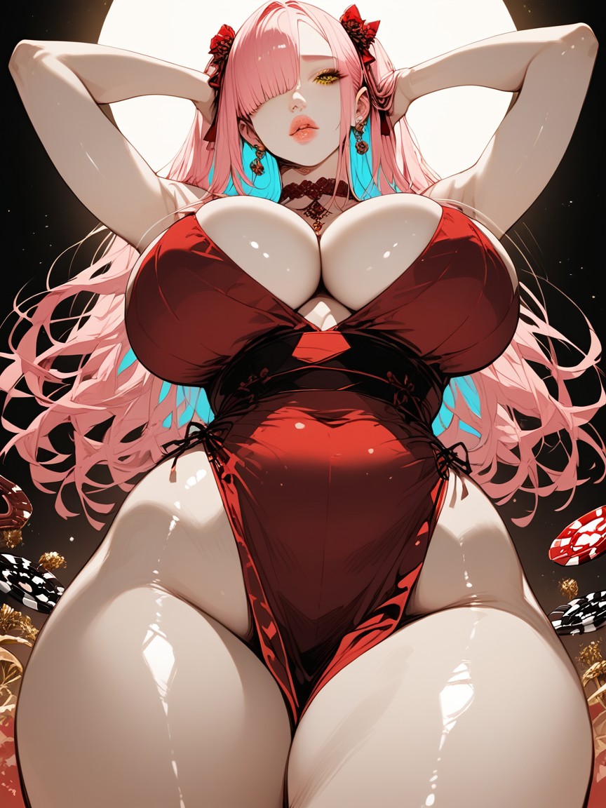 Shiny Skin, Pink Hair Hair With Blue Highlights, Looking At Viewer AI黃漫