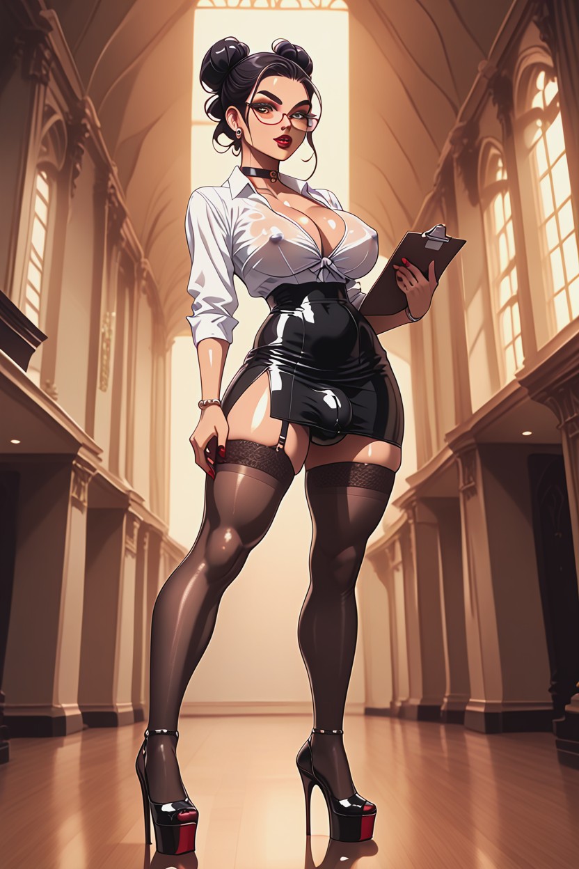 Bulge, Black Platform Stiletto Heels, Black Hair 人妖AI黃片