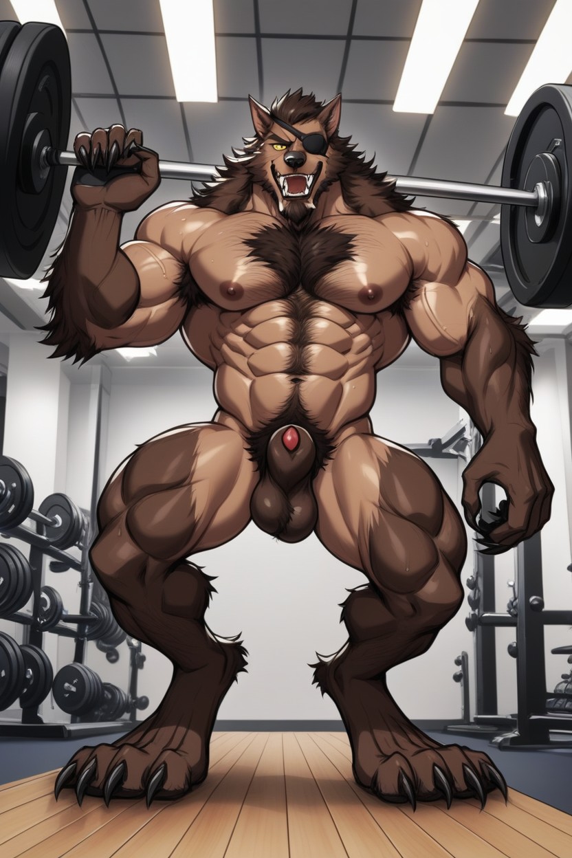 Fit, A Werewolf Is Seen Lifting Weights On A Bench In A Gym, Dynamic Pose AI Gay Porn
