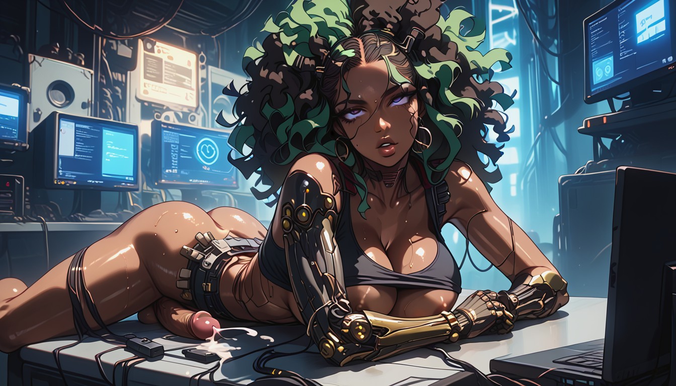 Cyberpunk, Wires, Blue Brown Green Hair AI Porn