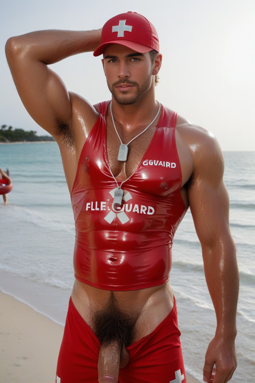 His Thick Pubic Hair Showing His Body Is Wet And Shining, No Pants, 20+ AI Gay Porn