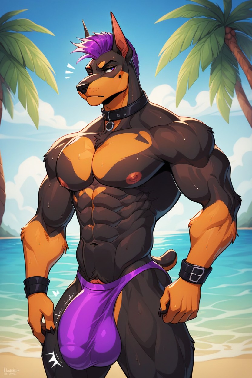 Hackles Raised, Black Leather Collar, Toned Arms Furry AI Porn