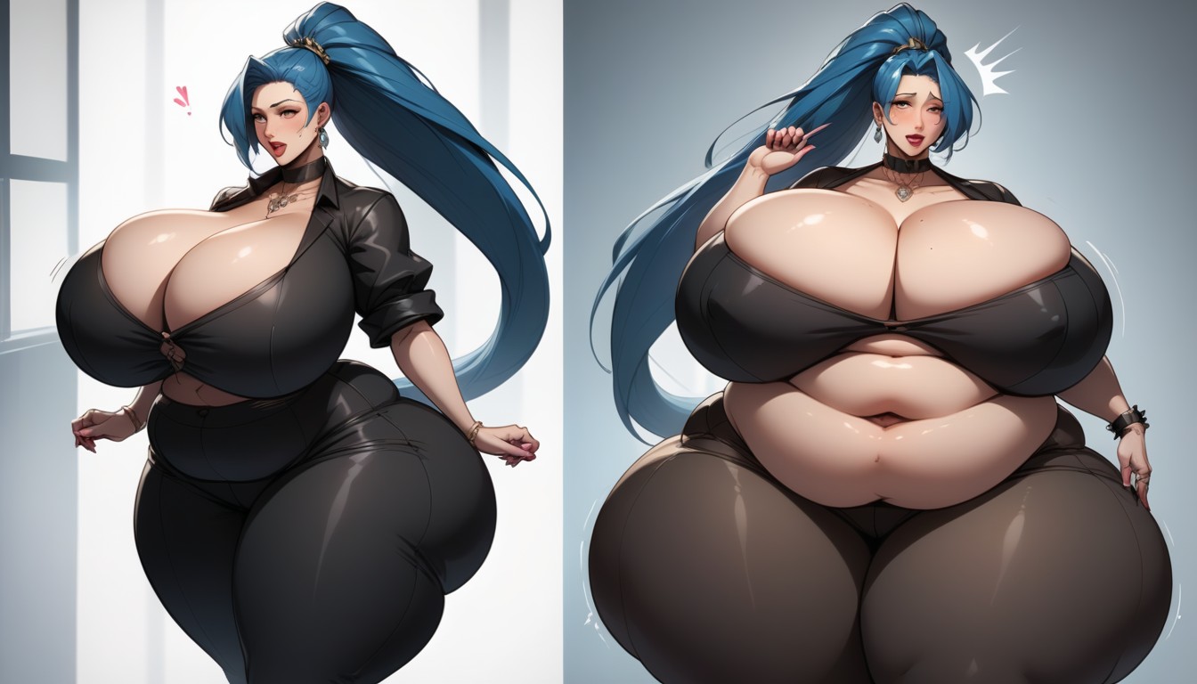 Perfect Face, Hyper Busty Plump Fat Foxy Fox Woman, Long Straight Black Blue Hair BBW AI Porn