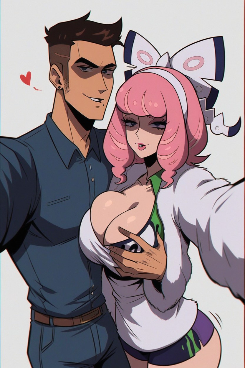 Man Pushing Klaras Breasts Together, Resting Face On Breasts, Bust Shot Hentai AI Porn