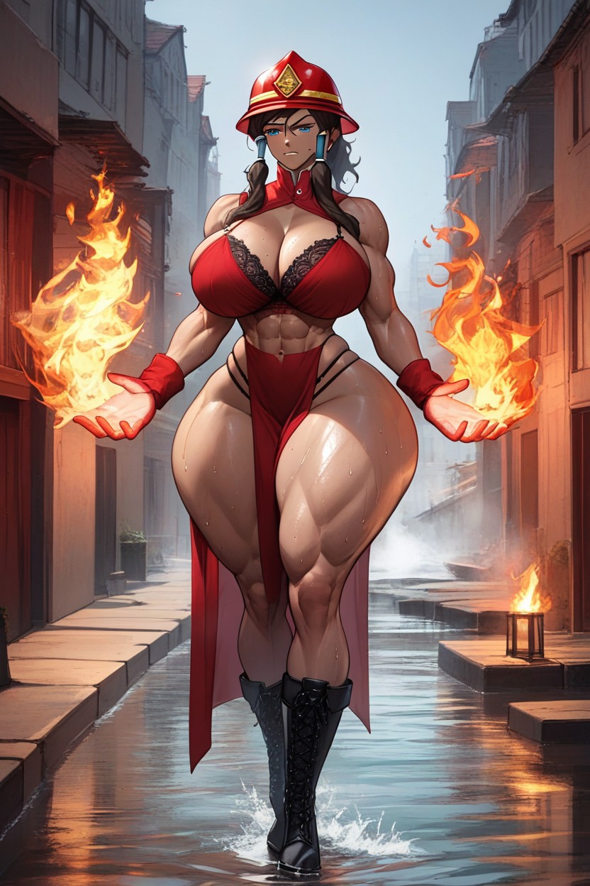 Red Lacy Bra, Boots, In City AI Porn