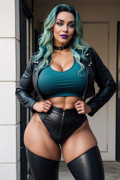 Black Cropped, Steroid Hourglass Figure, Glossy Purple Lipstick AI Porn