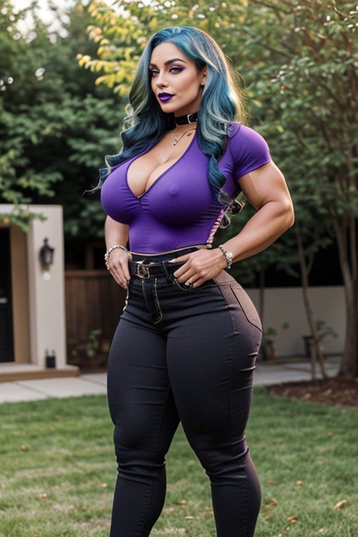 Purple Blouse, Extremely Long Legs, Beautiful Bimbo Face AI Porn