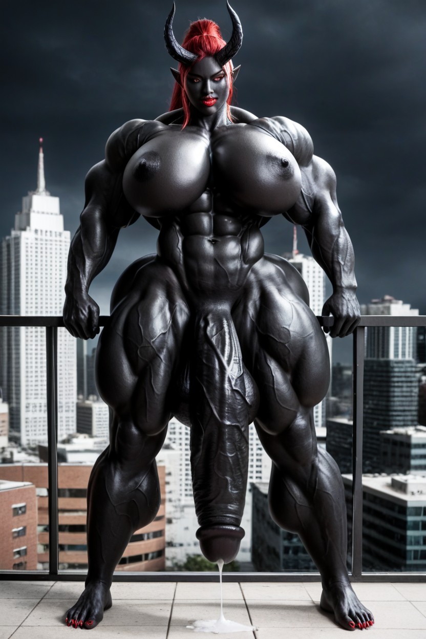 Rooftop, Futanari Penis Dripping Pre Cum, Hyper Black Balls Shemale AI Porn