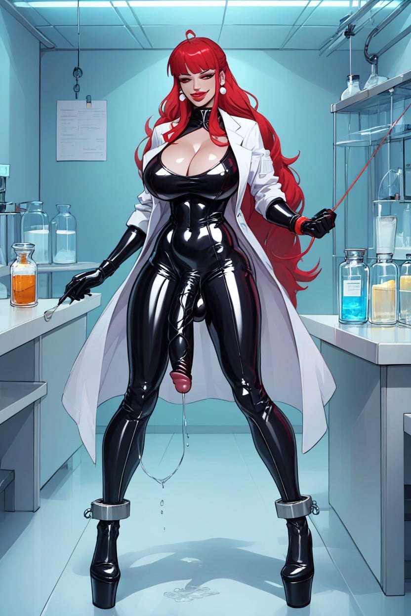 Female Subject, Latex Gloves, Lab Coat With Latex Bodysuit Cock Bulge Under AI Porn