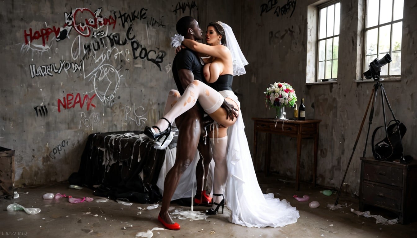 Abandoned Ambience, Blonde Beautiful Wedding Bride, Graffiti Walls AI Porn