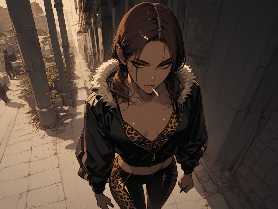 Brunette Slicked Twin Tails, Hips Wider Than Shoulders, Leopard Print Capri Pants Hentai AI Porn