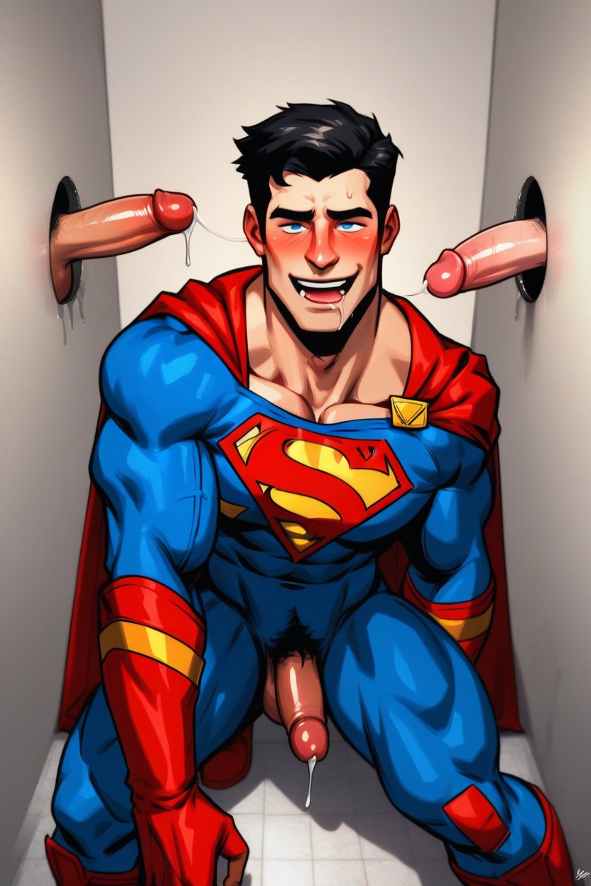 Huge Pectorals, Fully Clothed In Blue Superman Costume, Orgasm AI Gay Porn