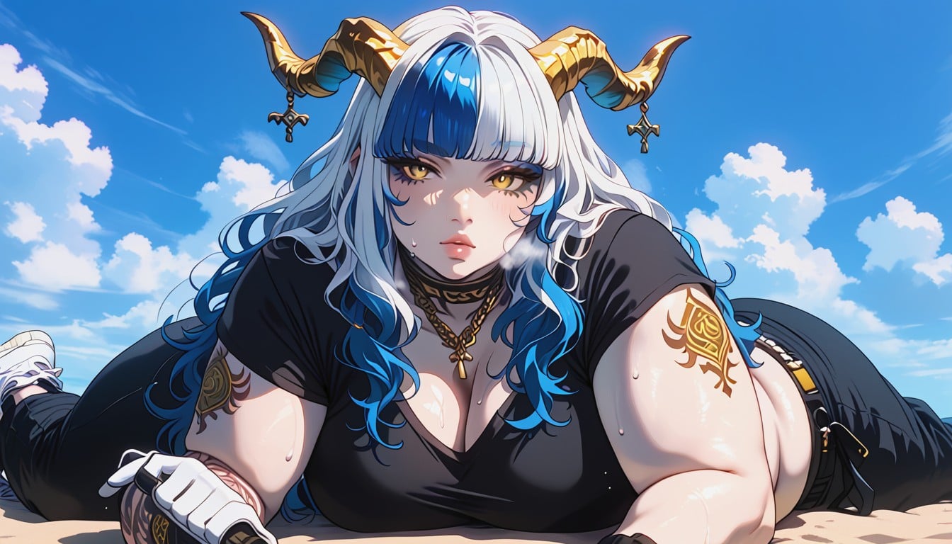 Lying On Her Stomach, Sweating A Lot, Gold Chain On The Neck Hentai AI Porn