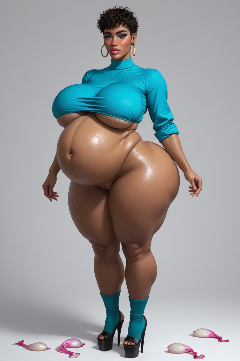 Pregnant, Shirt Rolled Up Over Breasts, Thighs Bigger Than Waist AI Porn