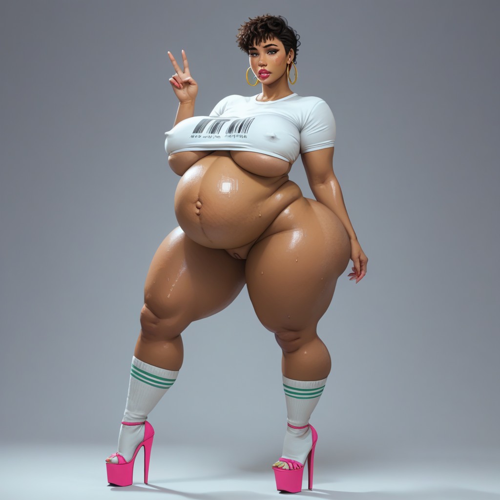 Shirt Rolled Up Over Breasts, Stretched Pregnant Belly, Thick AI Porn