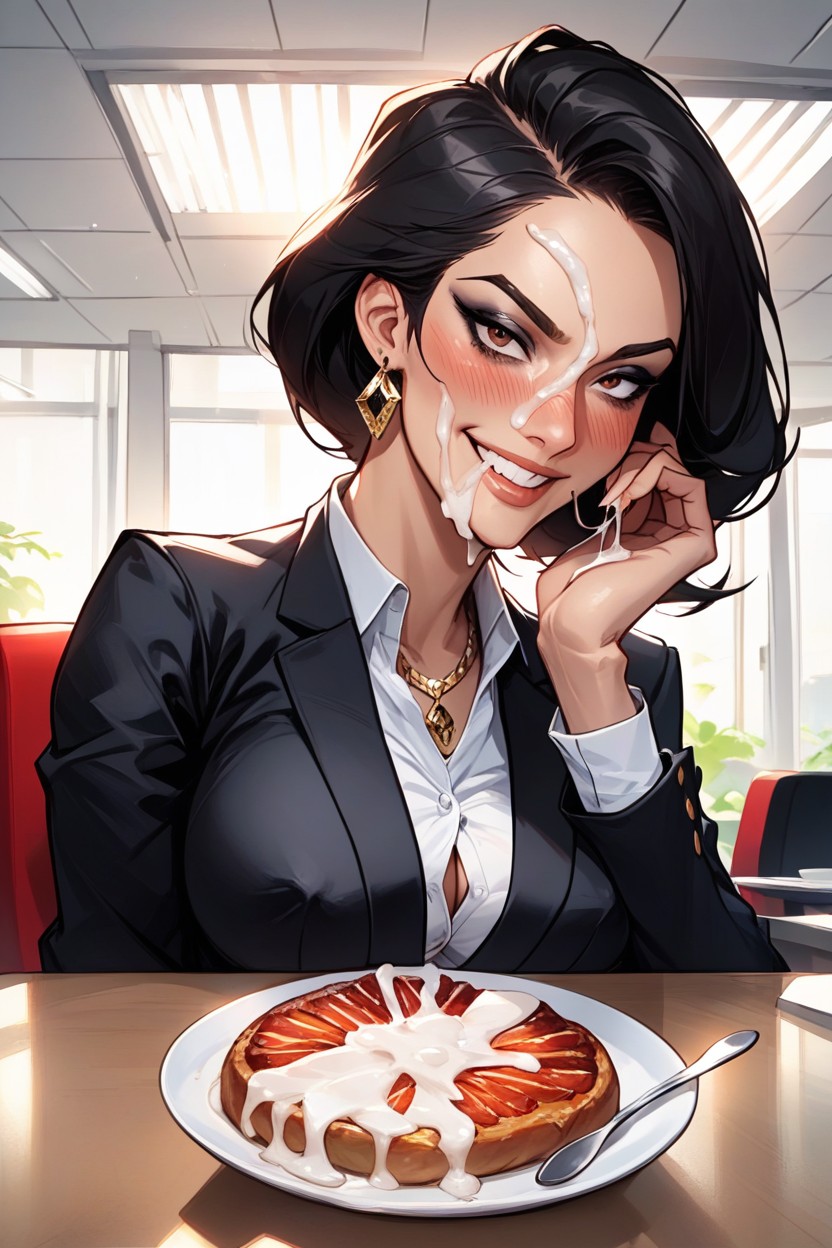 Big Luxurious Office, One Nipple Out, Woman With Spoon In Hand Eating Food In Which Hyper Cum AI Porn