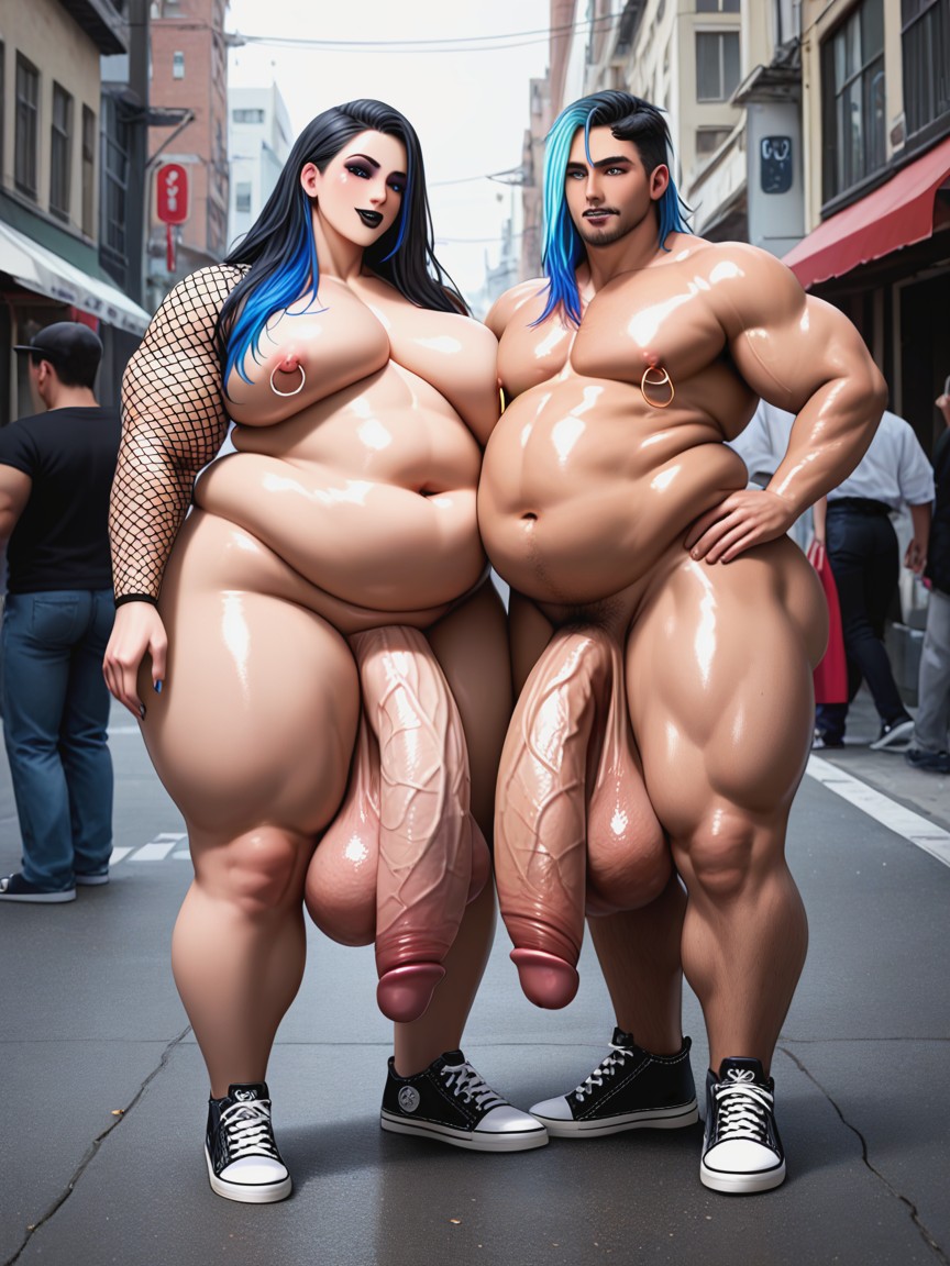 Black Hair With Blue Highlights, Wide Hips, Street AI Gay Porn