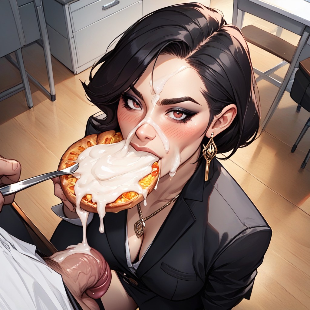 Dynamic Angle, Dripping Wet Pussy, Woman With Spoon In Hand Eating Food In Which Hyper Cum AI Porn