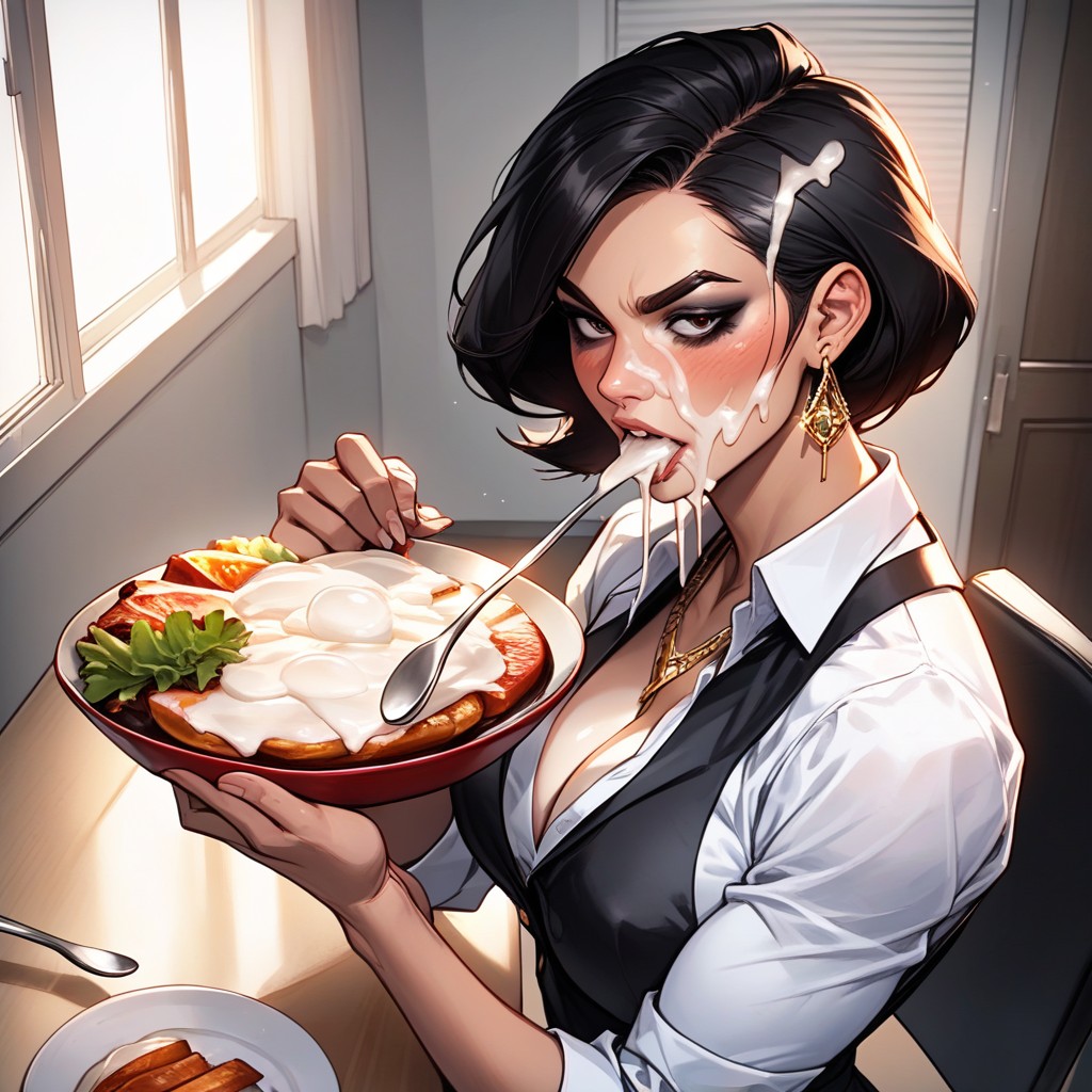 Woman With Spoon In Hand Eating Food In Which Hyper Cum, Rounded Ass, Suspenders AI Porn