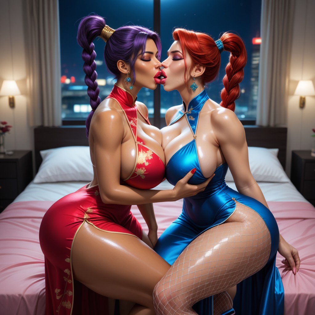 Huge Lips, Night, Korean Dress AI Porn