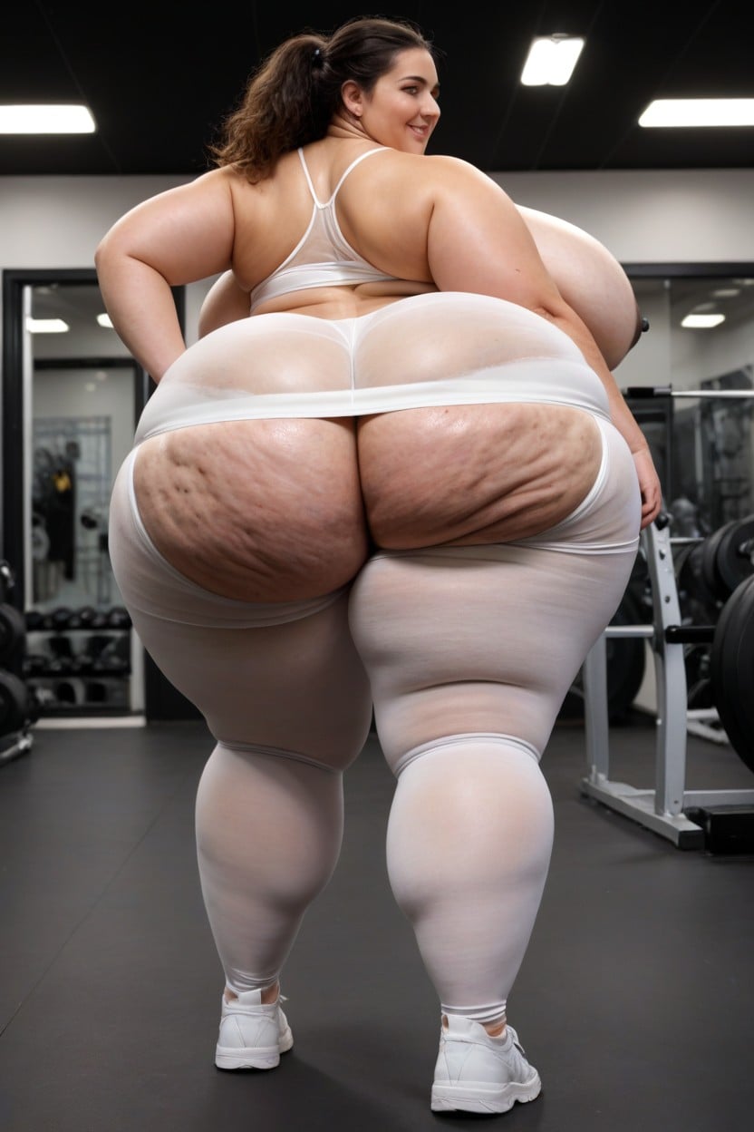 Tight White Leggings Revealing A Thick, A Prominent Belly, Leaking BBW AI Porn
