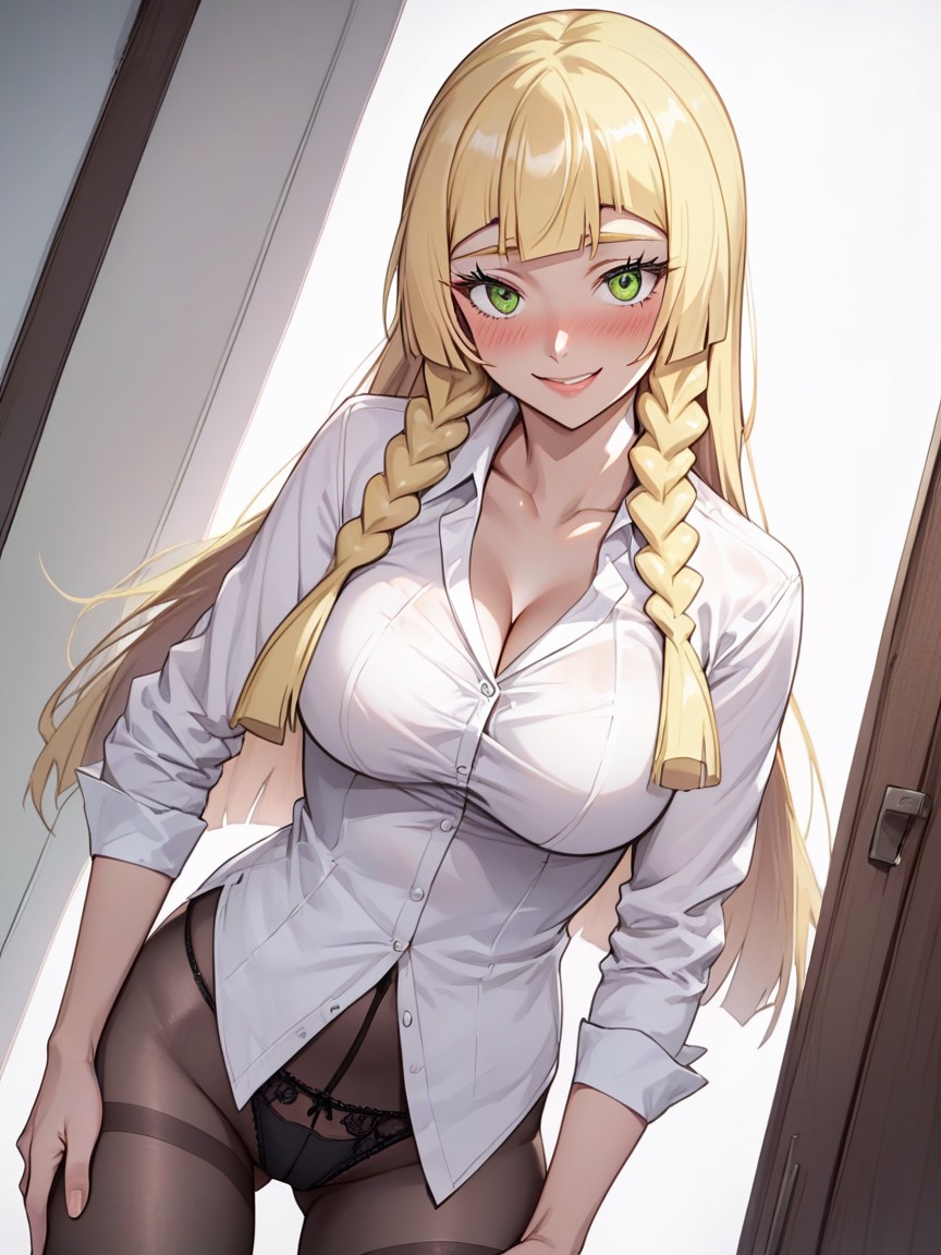Blushing, Business Skirt, Black Pantyhose Hentai AI Porn
