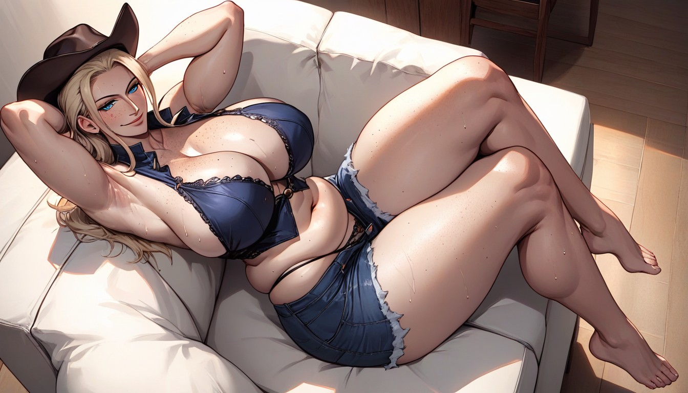 Arms Up, Wide Hips, Black Cowboy Hat With Diamonds On The Buckle Hentai AI Porn