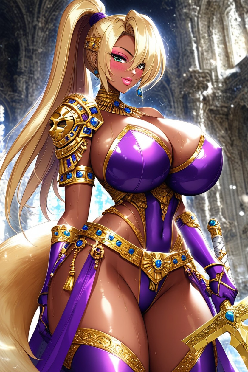 Purple Leg Armor With Gold Fur, Purple Metal Cuirass With Gold Fur, Seductive AI Porn
