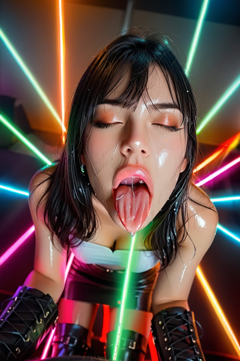 White Strapless Top Shirt, Black Leather Jacket, Heavy Straight Bangs Asian AI Porn