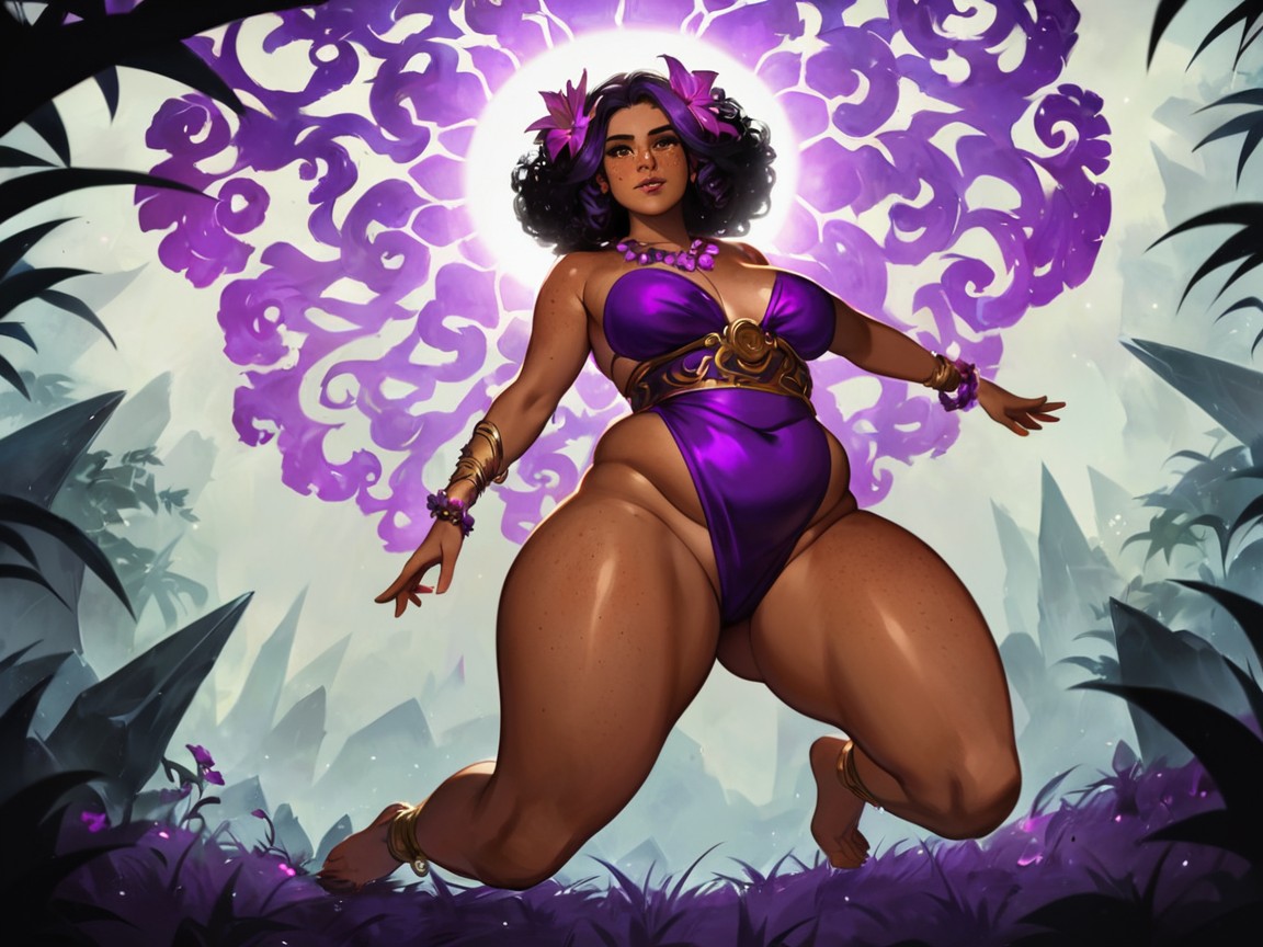 High Color Contrast, Purple Grass Skirt, Woman Reaching For Viewer Latina AI Porn