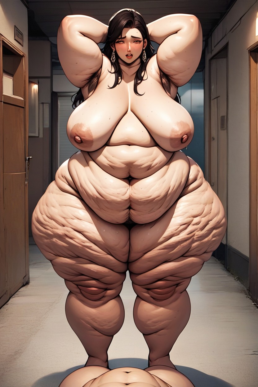 Far Thighs, Belly Hanging So Kow That It Reaches Her Kneecaps, Full Body View BBW AI Porn