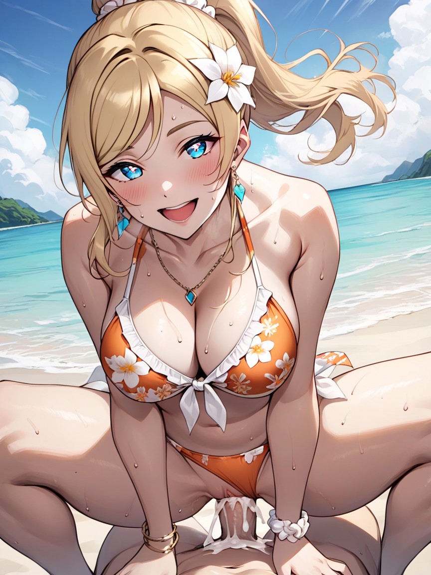 Sharp Pupils, White Scrunchie, String Bikini Hentai AI Porn