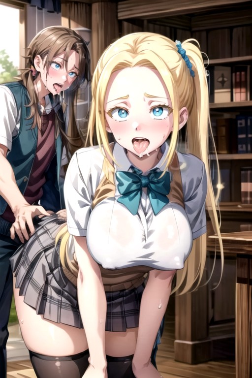 Blue Skirt, Brown Sweater Vest, Green Bow Tie Hentai AI Porn