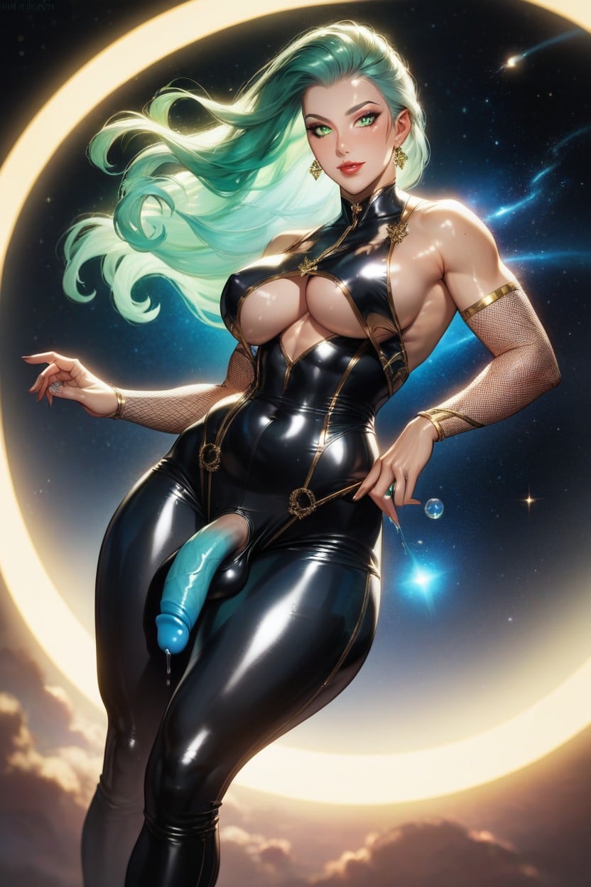 Underboob Showing, Green And White Swimsuit, Penis Shaped Bubbles Float Around Character Shemale AI Porn