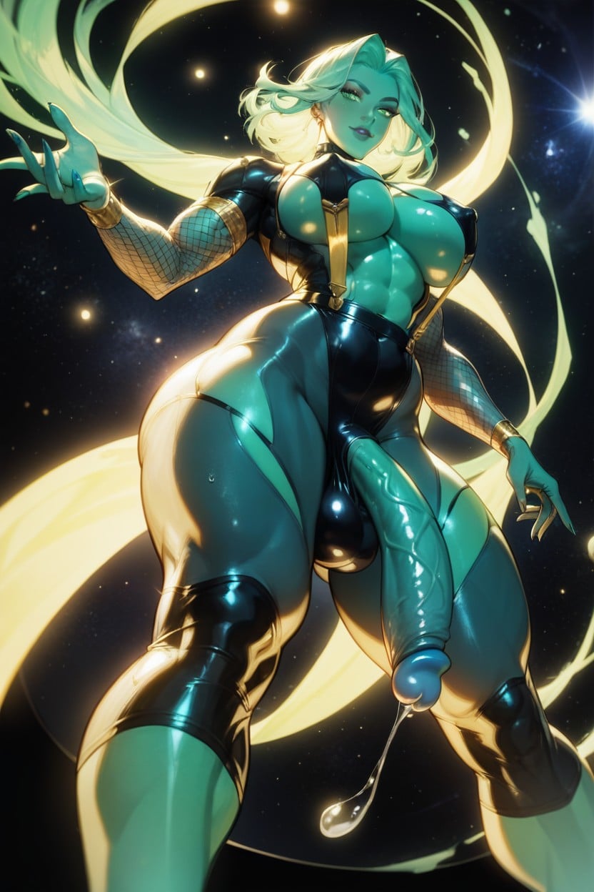 Turned To Left, Penis Shaped Bubbles Float Around Character, Gold Clasps Line The Costume Shemale AI Porn