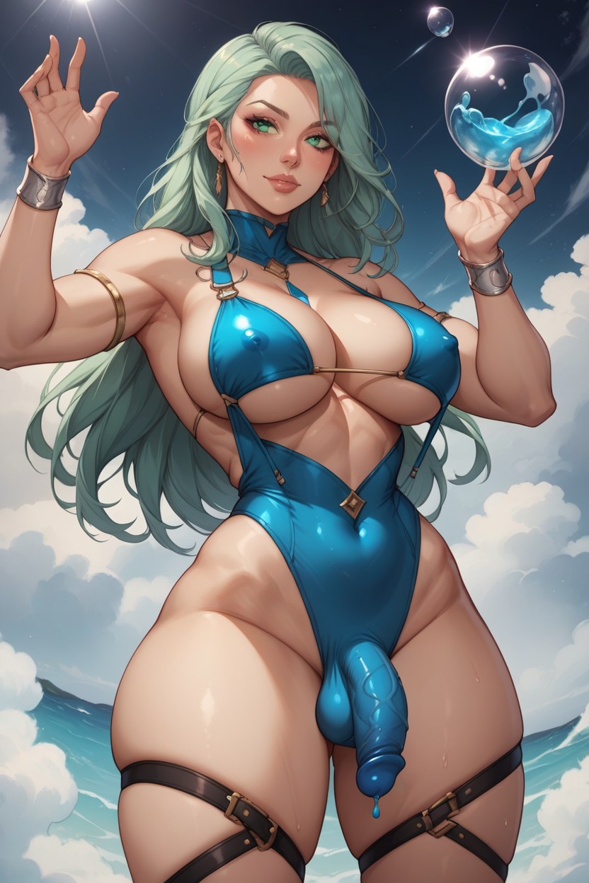 Decorative Sliver Design Pattern On Arms And Legs, Sexy Sci Fi Futa, Light Green Eyes Shemale AI Porn